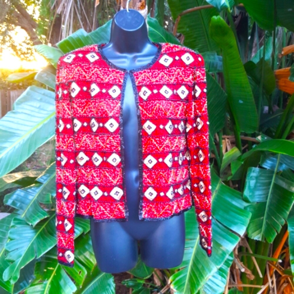 Papell geo pattern beaded silk jacket